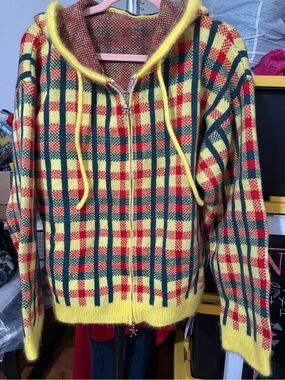 ROMWE Yellow Plaid Hooded Zip Cardigan with Green & Red Details